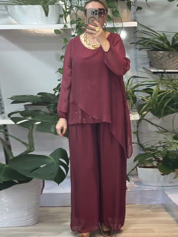 Elegant Layered Foil-Accent Wide-Leg Two-Piece Set