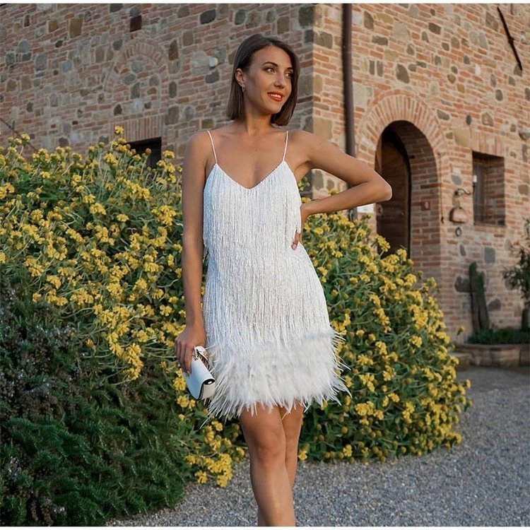 Feather Fringe Sequin Spaghetti Strap Dress