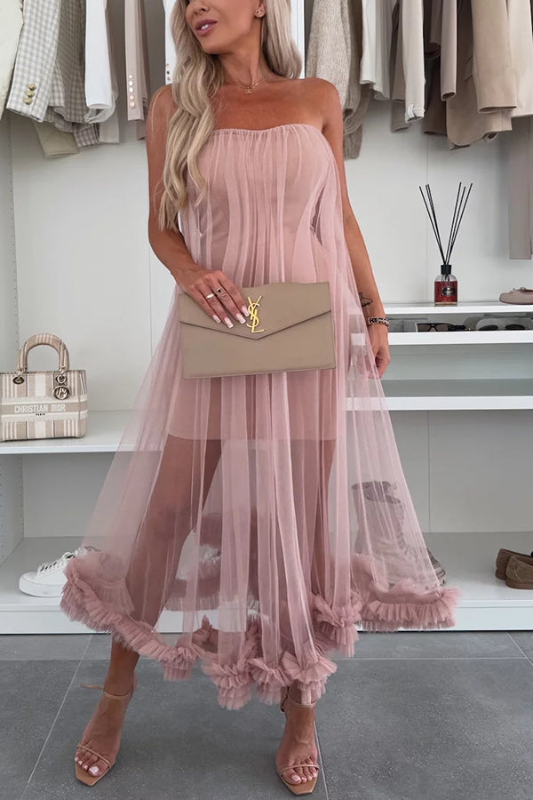 Fairytale Charm Tulle Off Shoulder Ruffles Trim A-line Midi Dress (Buy 2 Free Shipping)