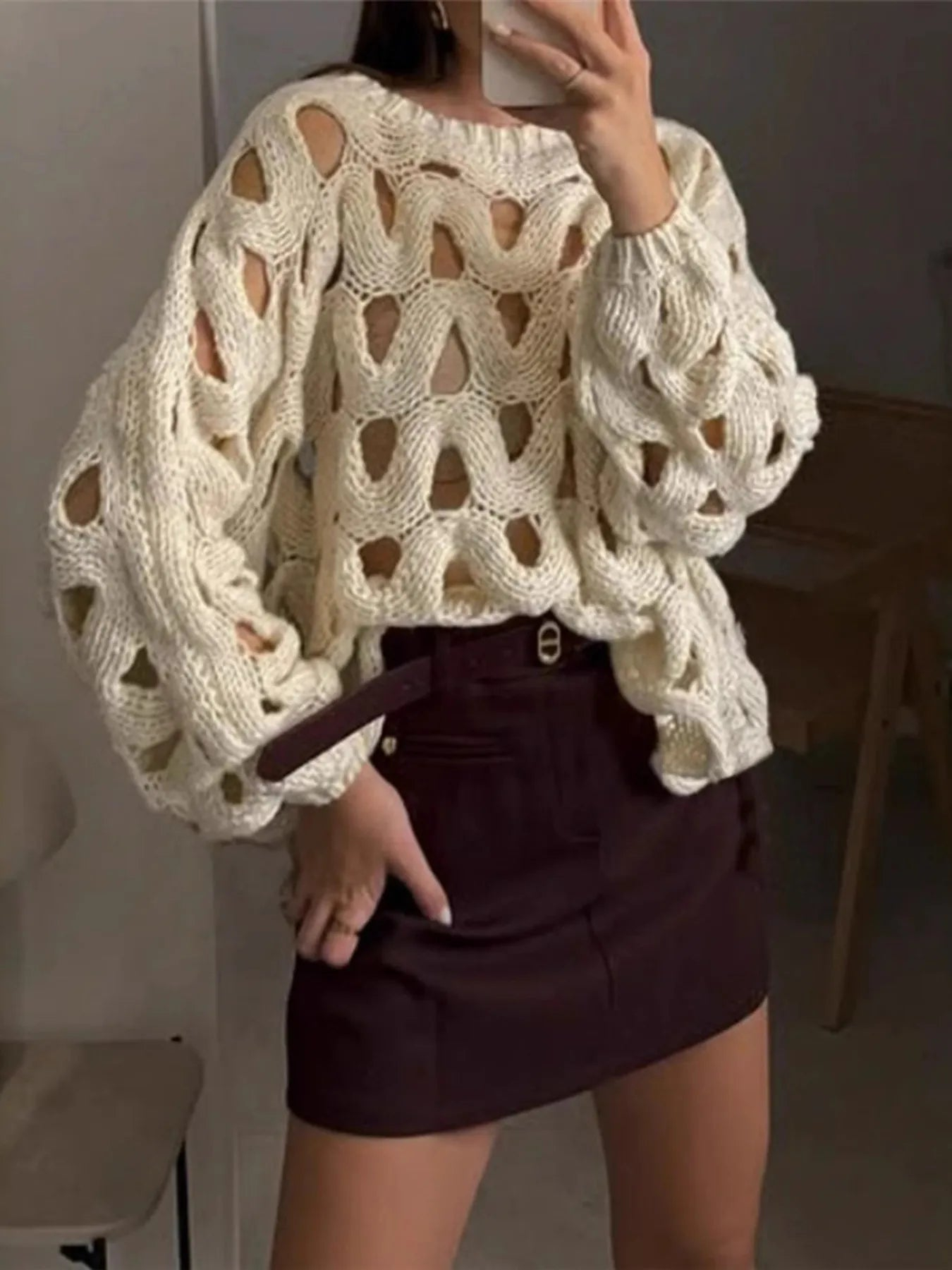 Chunky Hollow Knit Balloon Sleeve Sweater