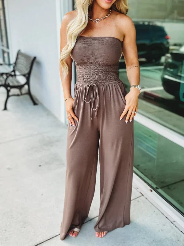 Last Day Promotion 49% OFF💖Off Shoulder Solid Colour Smocked Jumpsuit
