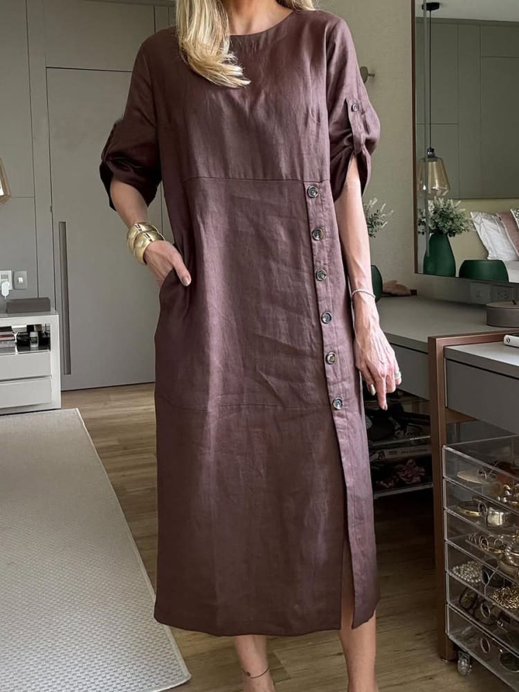 Linen Crew Neck Plain Short Sleeve Midi Dress