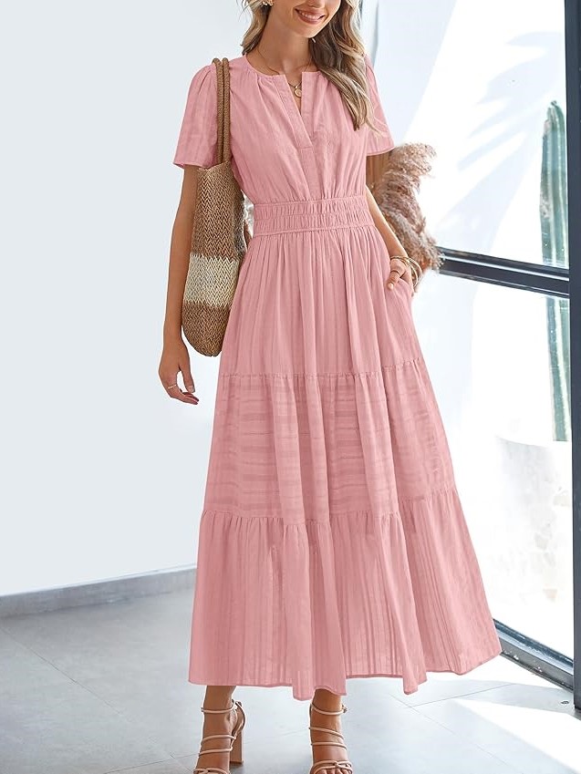 Summer Casual Smocked Waist V-Neck Tiered Midi Dress