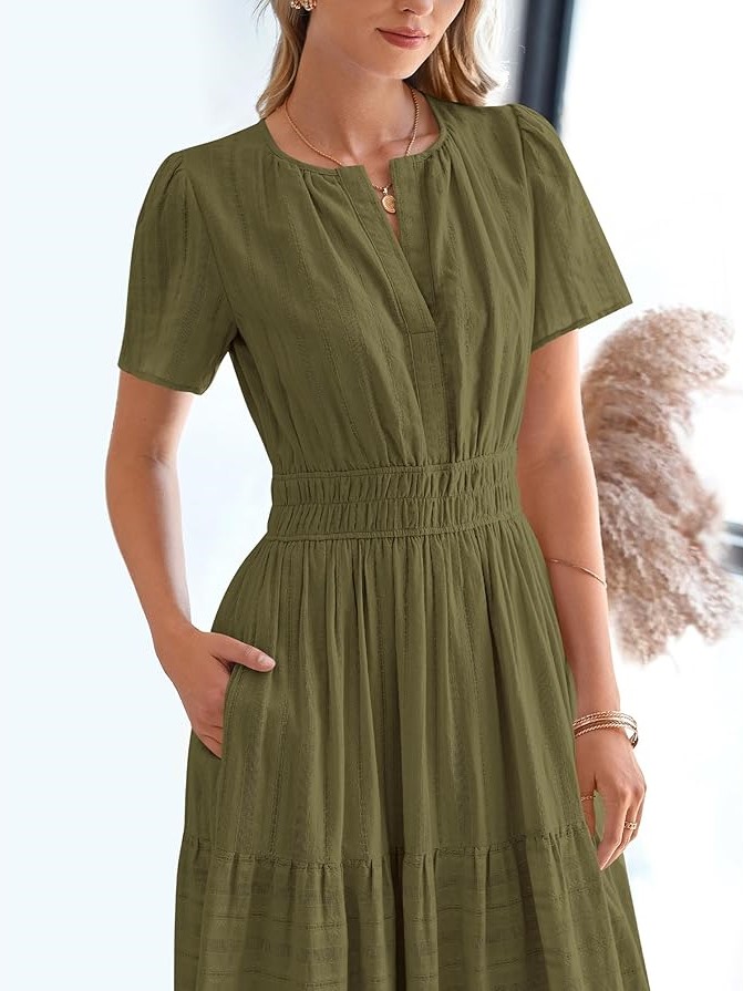 Summer Casual Smocked Waist V-Neck Tiered Midi Dress