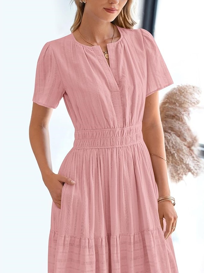 Summer Casual Smocked Waist V-Neck Tiered Midi Dress