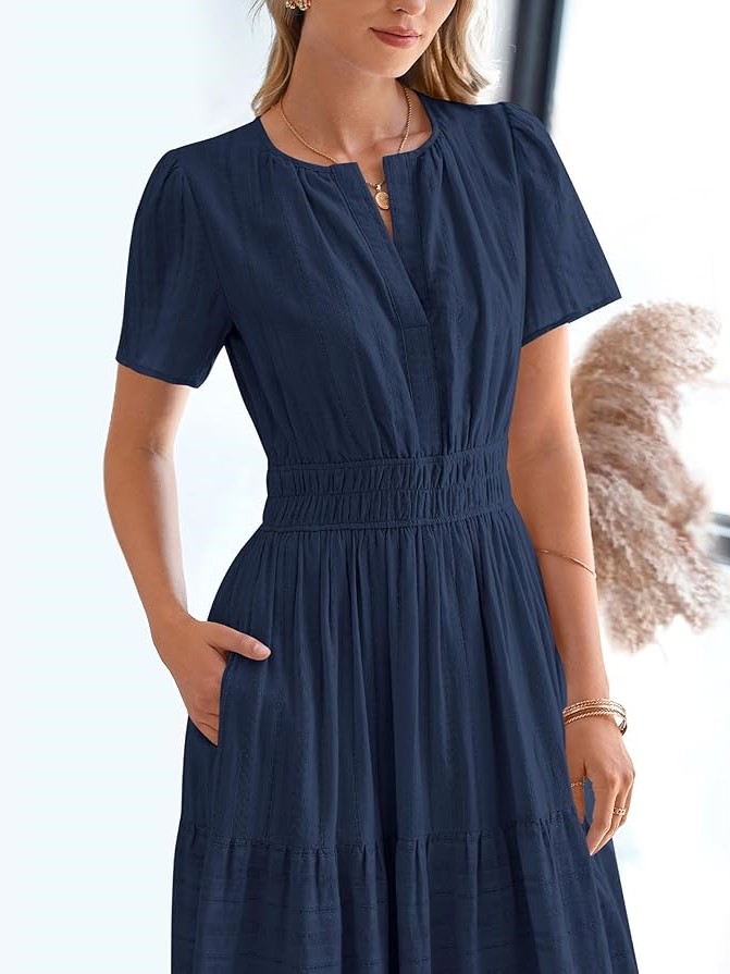 Summer Casual Smocked Waist V-Neck Tiered Midi Dress