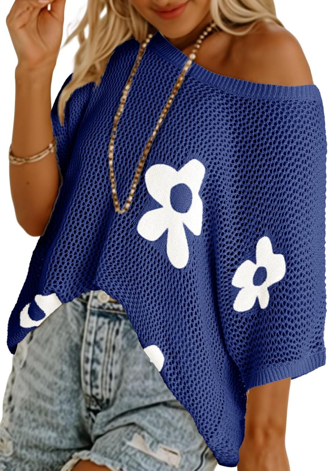 Casual Floral Open-Knit Relaxed Pullover Top