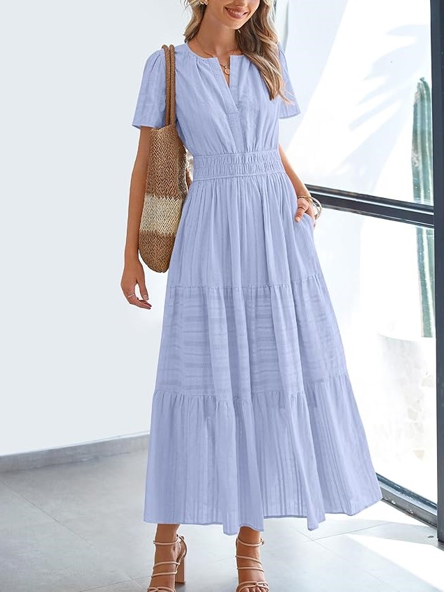 Summer Casual Smocked Waist V-Neck Tiered Midi Dress