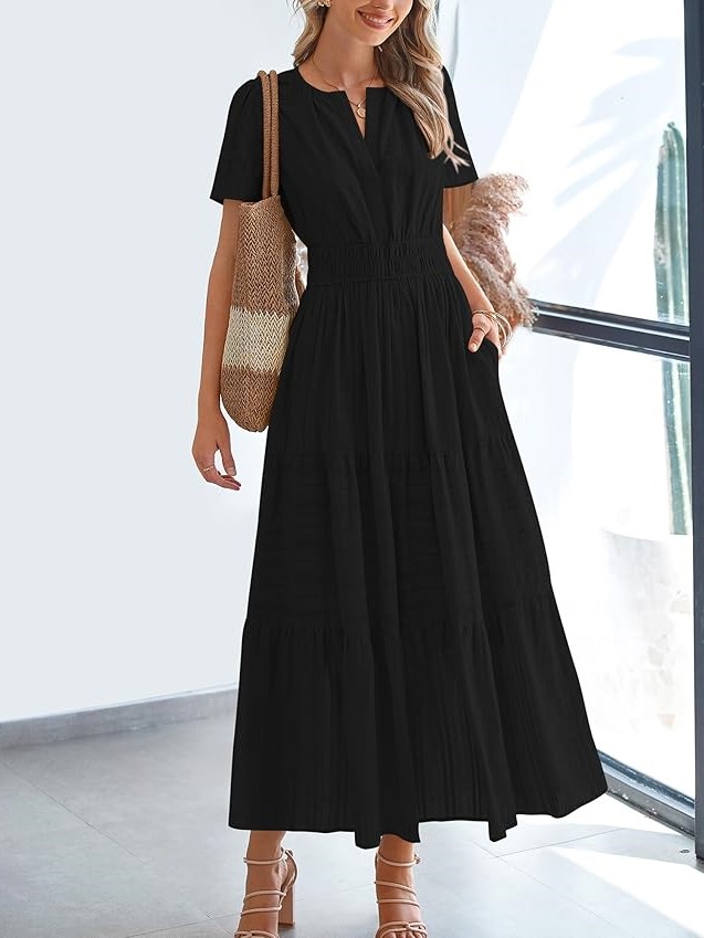 Summer Casual Smocked Waist V-Neck Tiered Midi Dress