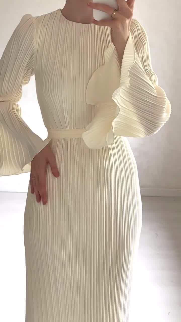 Women's Fall Maxi Dress Chic Pleated Bell Bottom Sleeve Midi Dress