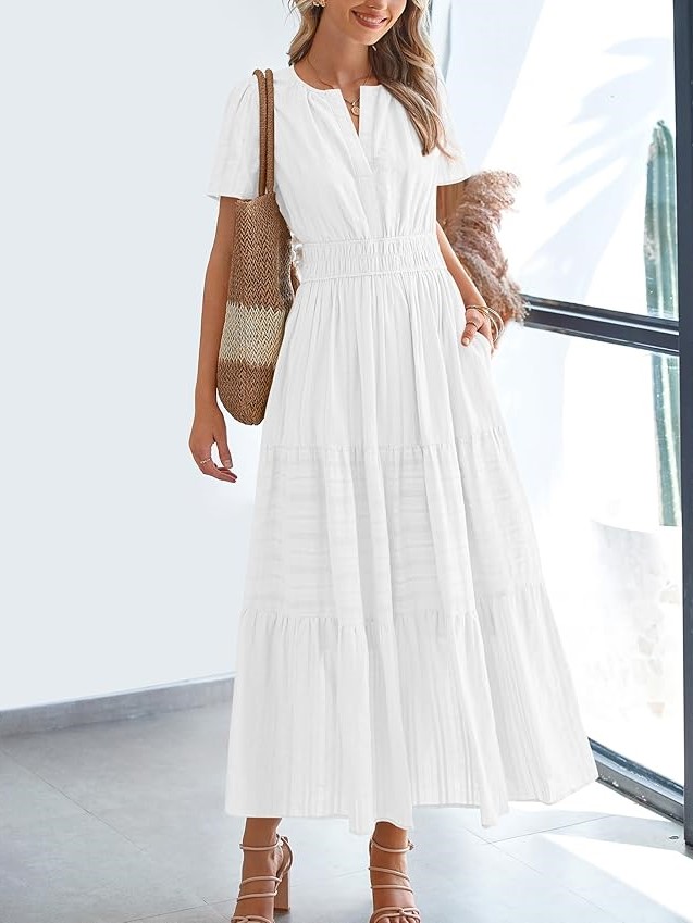 Summer Casual Smocked Waist V-Neck Tiered Midi Dress