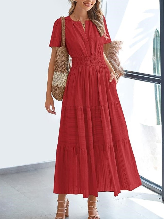 Summer Casual Smocked Waist V-Neck Tiered Midi Dress