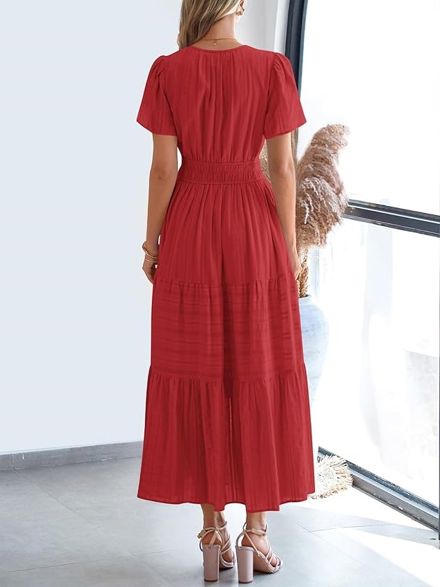 Summer Casual Smocked Waist V-Neck Tiered Midi Dress