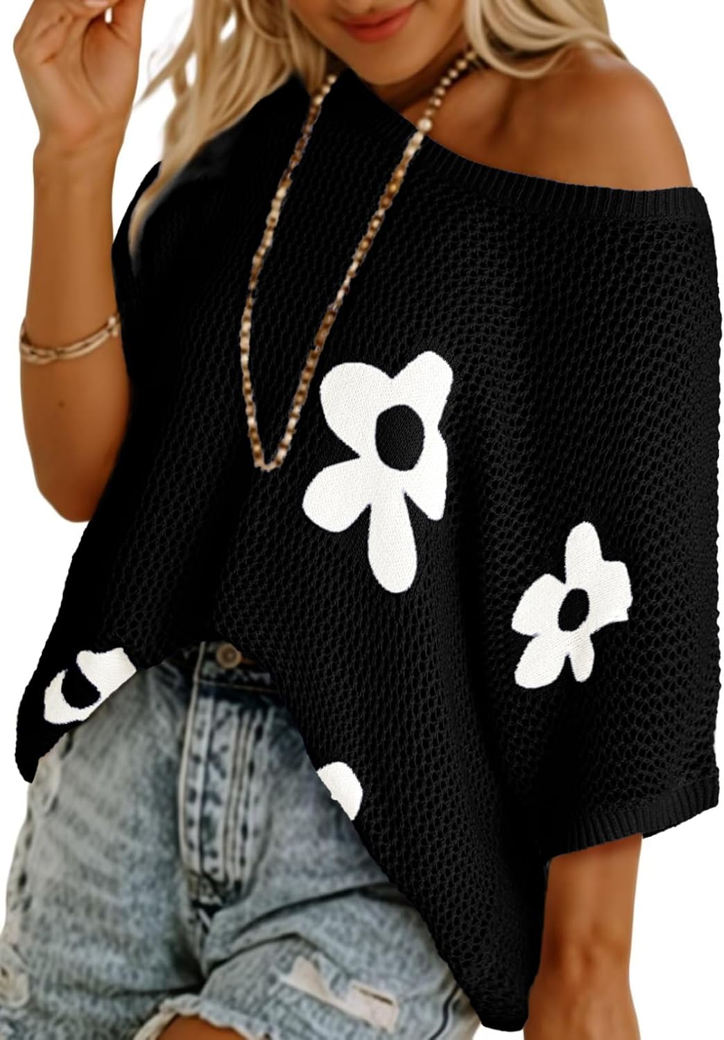 Casual Floral Open-Knit Relaxed Pullover Top