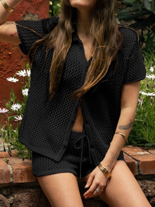 Airy Open Knit Button Front Short Sleeve Two Piece Set