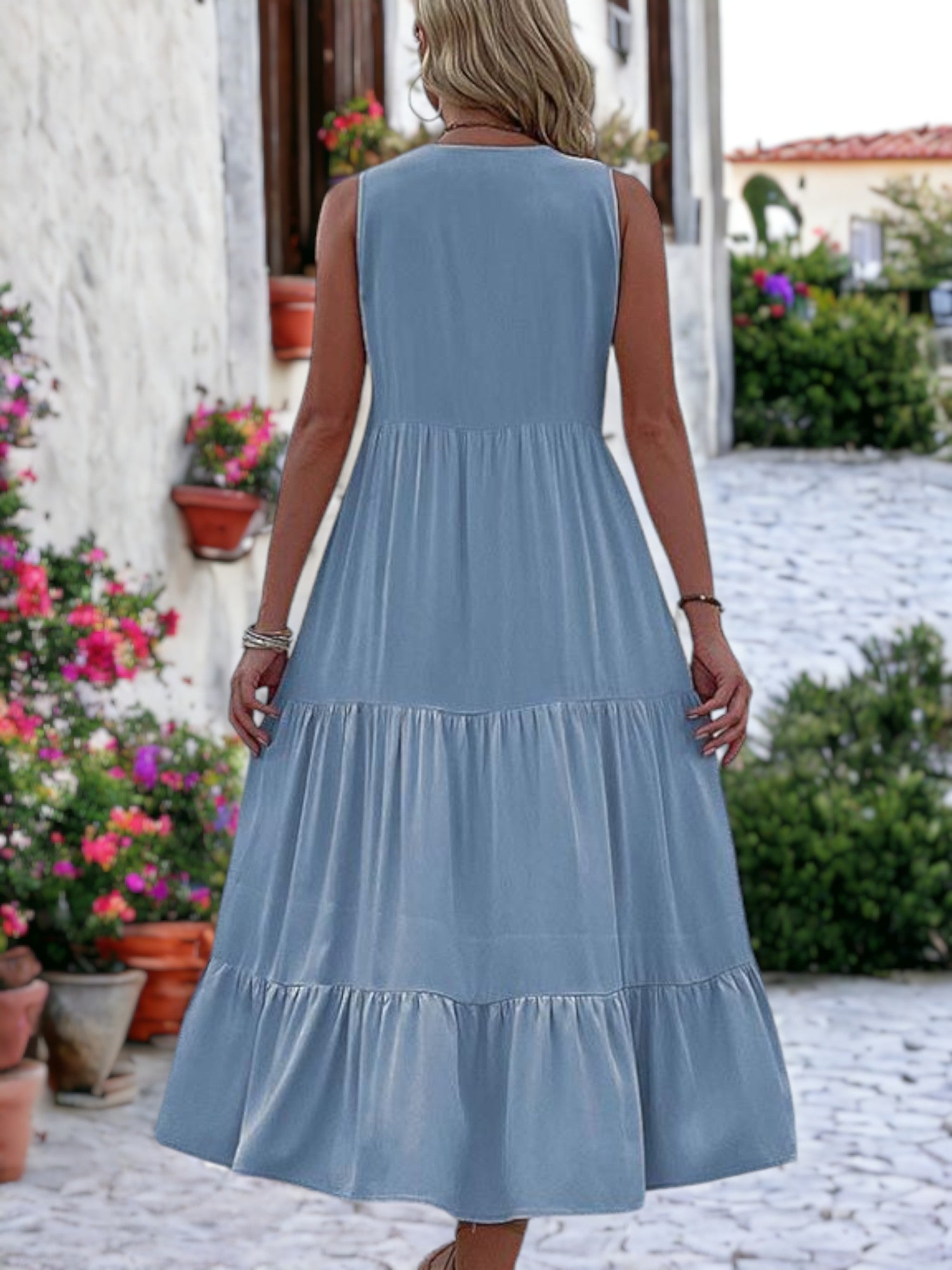 V-Neck Button Detailed Boho Midi Ruffle Dress For Women