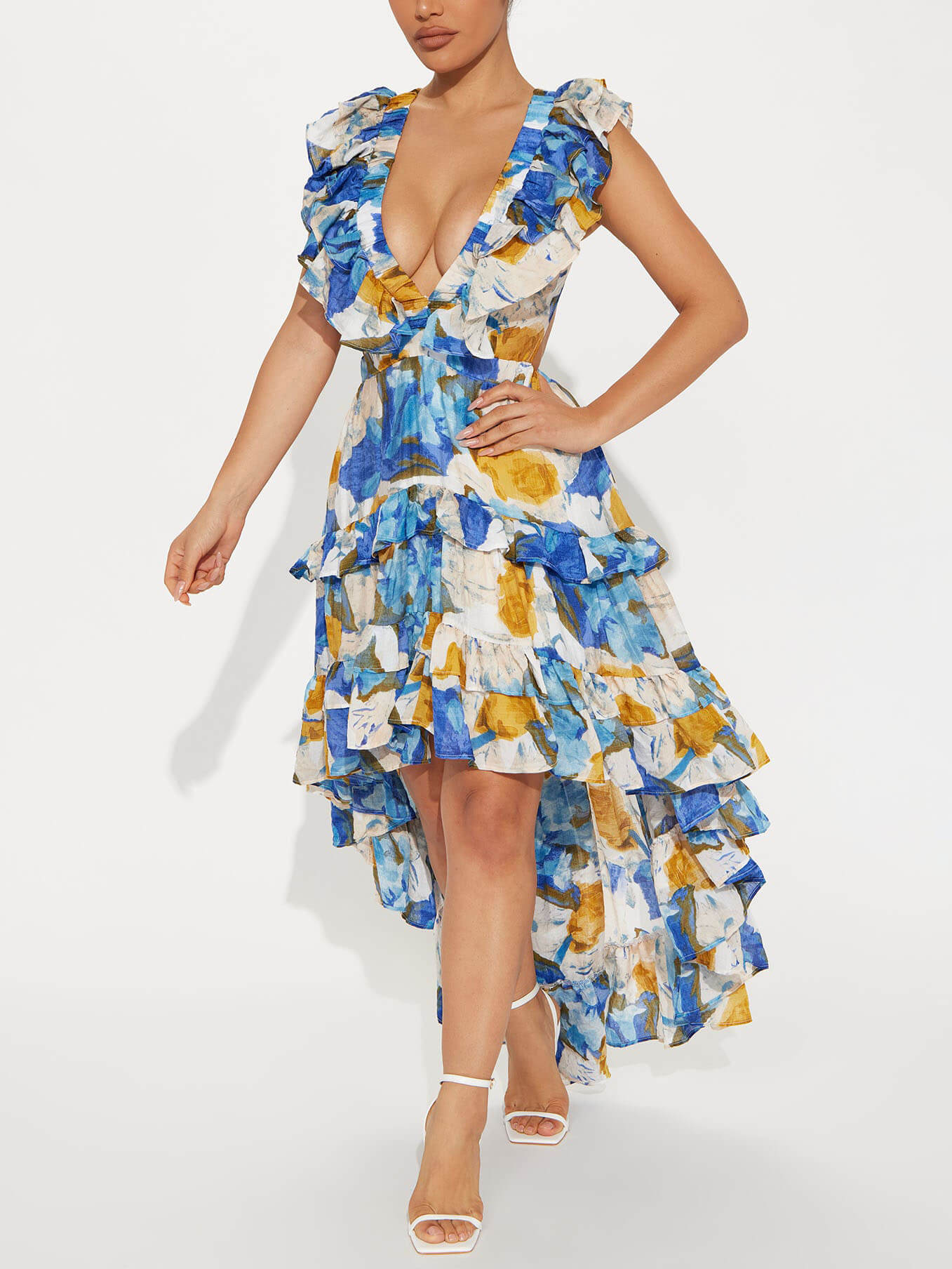 Floral Ruffle High-Low Backless Dress with Deep V-Neck