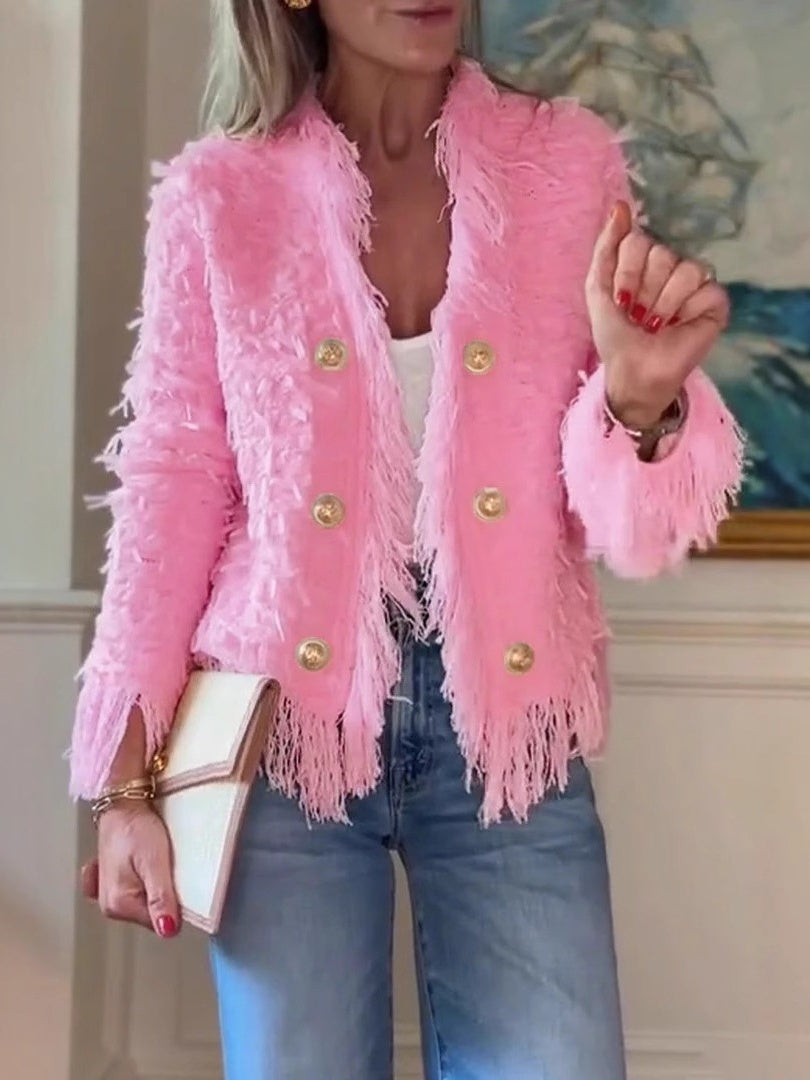 Elegant Fringe Trim Gold Button Tweed Jacket (Buy 2 Free Shipping)