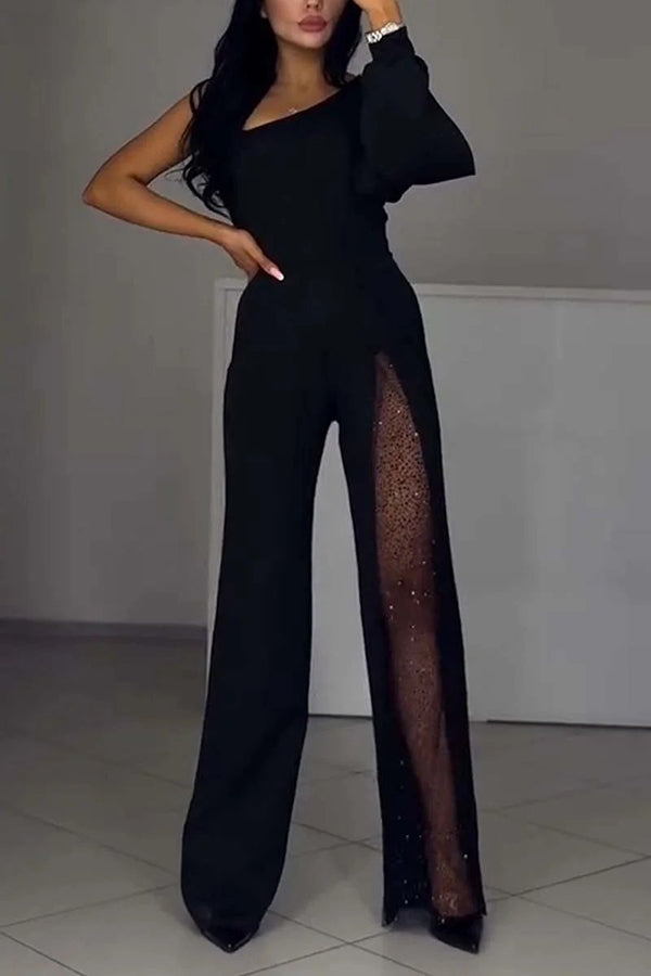 Oblique Shoulder One-sleeve  High Slit Sequin Jumpsuit (Buy 2 Free Shipping)