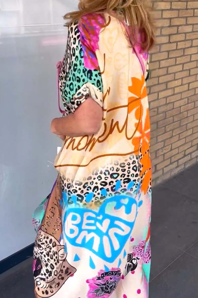 Colorblock Leopard Graffiti Print Oversized Shirt Dress (Buy 2 Free Shipping)