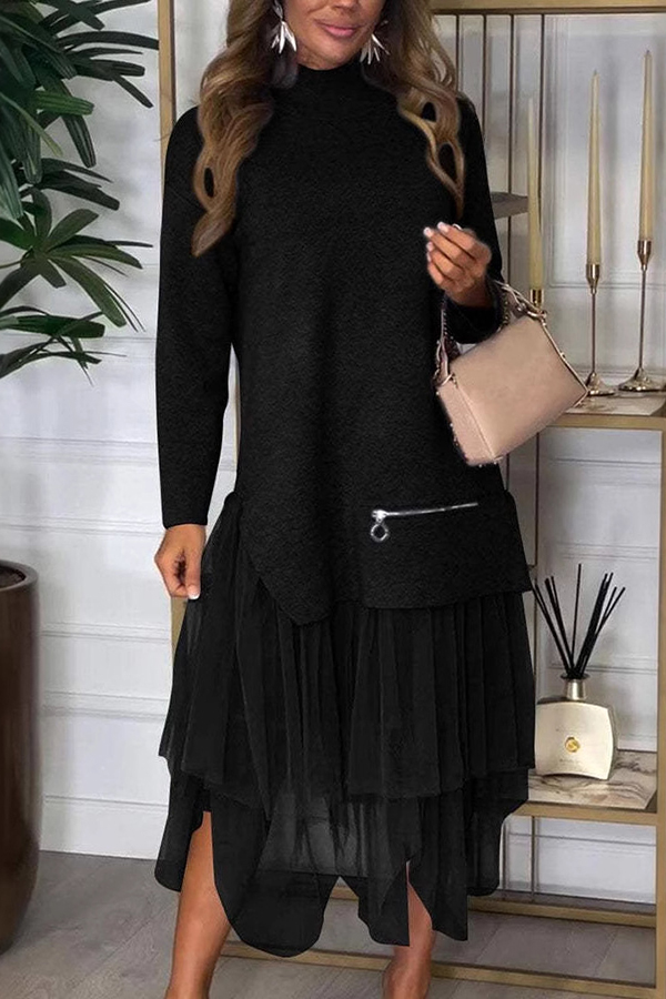 Knit Turtleneck Zip-up Top and Elastic Waist Tulle Loose Midi Skirt Set