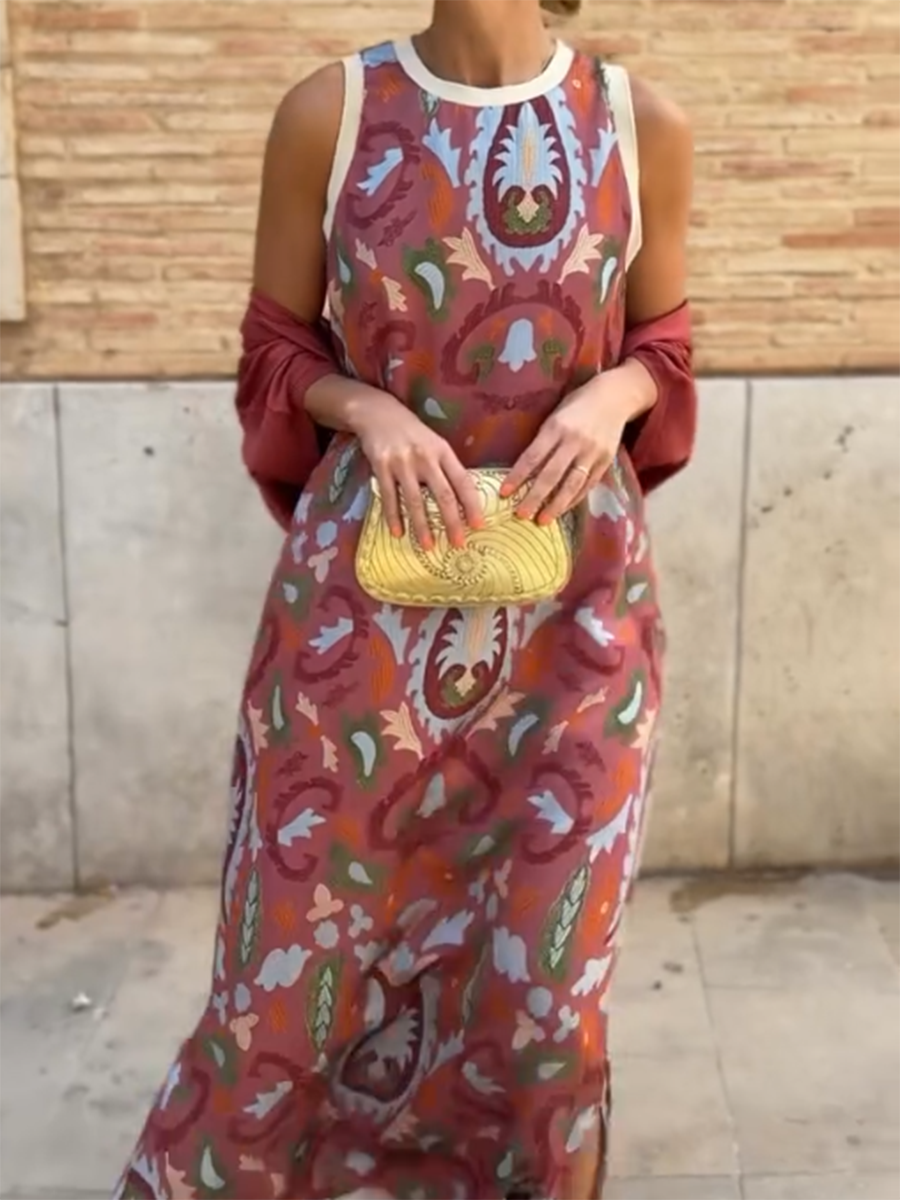 Boho Maxi Dress Set - Printed Sleeveless Dress with Light Cover-Up