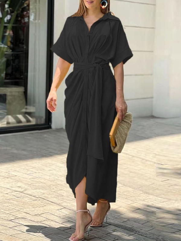 Printed Button-Down Maxi Dress with Waist Tie