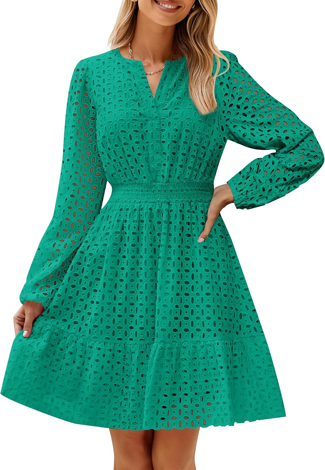 Long Sleeve Hollow Out Eyelet Dress (Buy 2 Free Shipping)