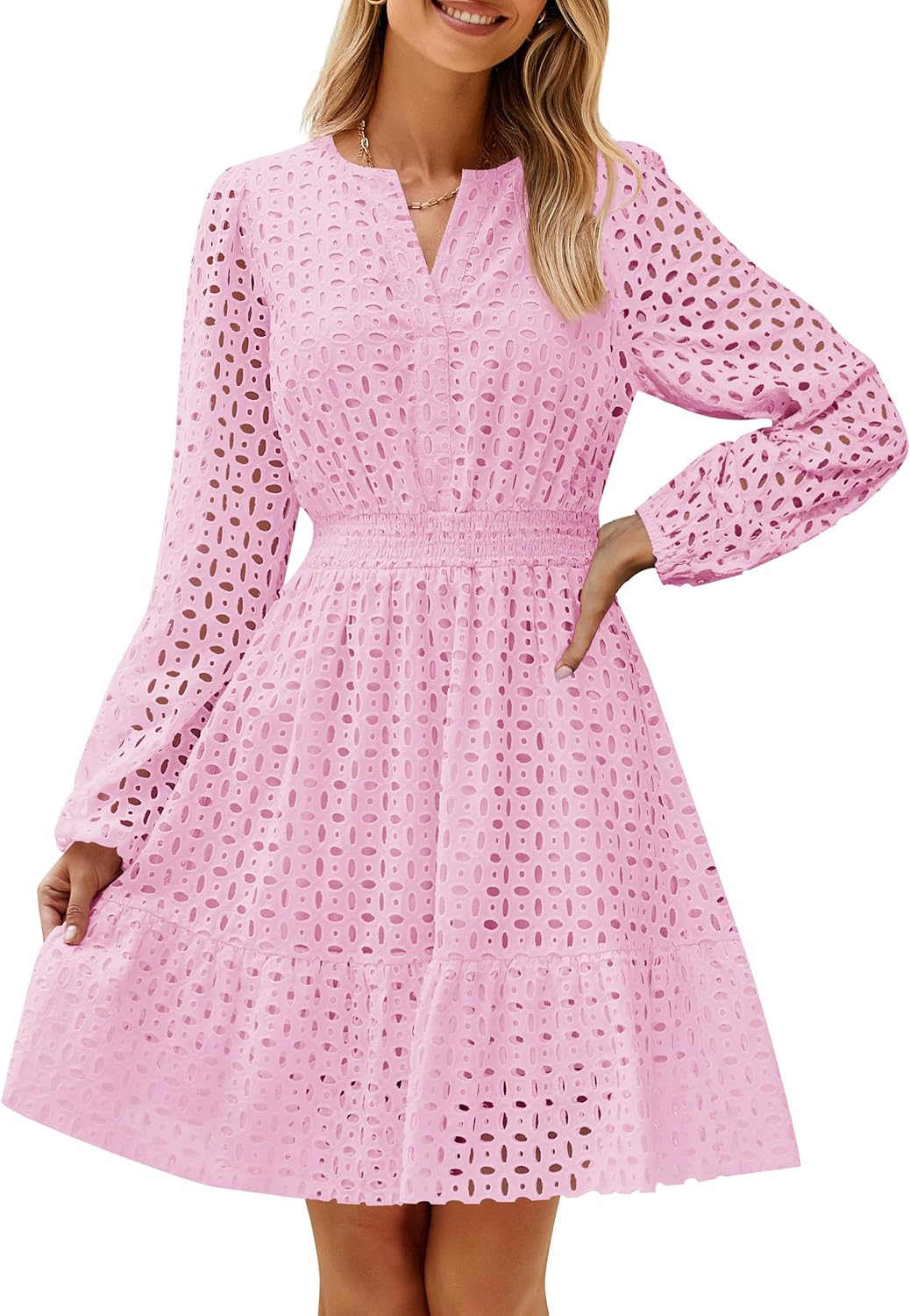 Long Sleeve Hollow Out Eyelet Dress (Buy 2 Free Shipping)