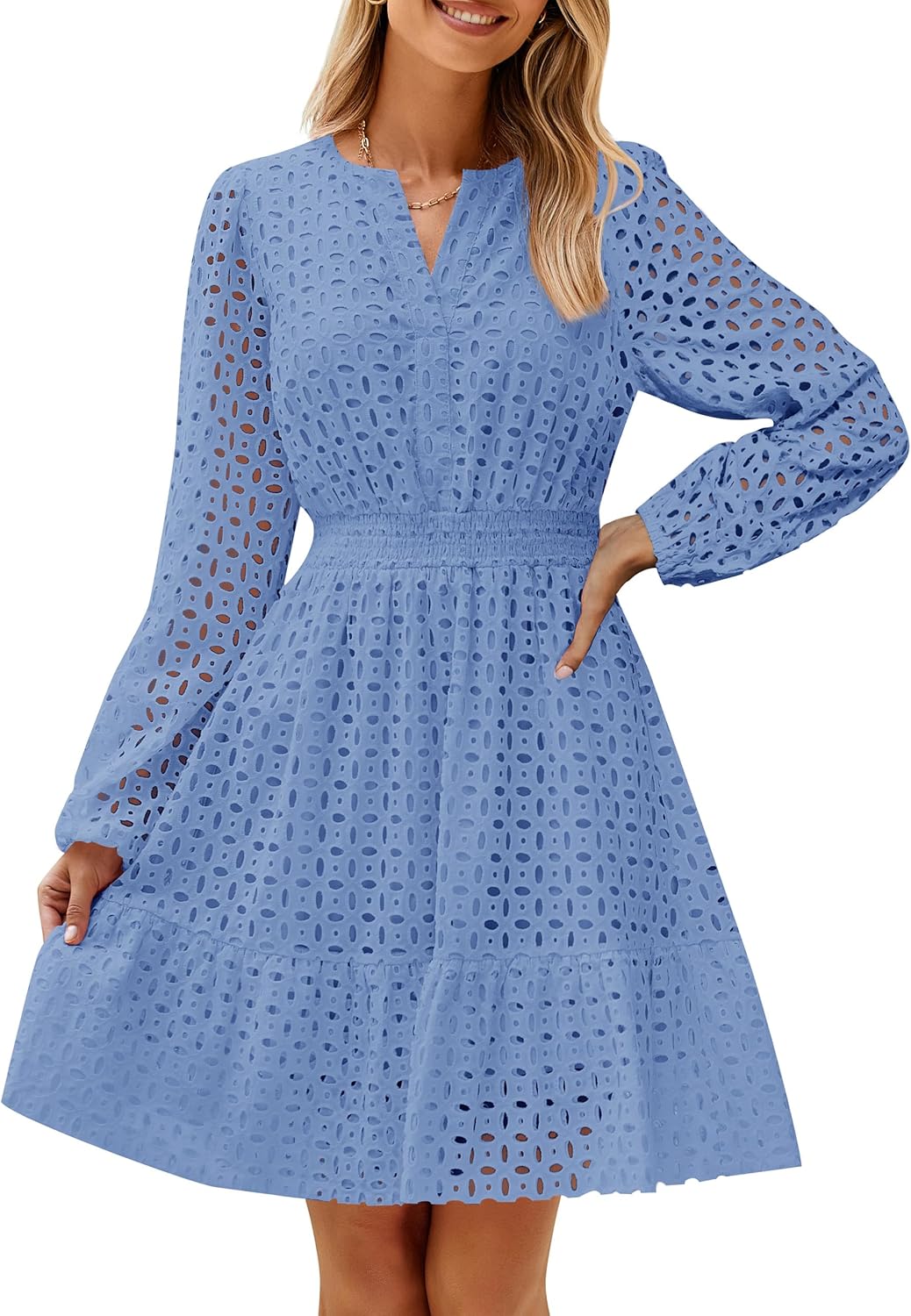 Long Sleeve Hollow Out Eyelet Dress (Buy 2 Free Shipping)