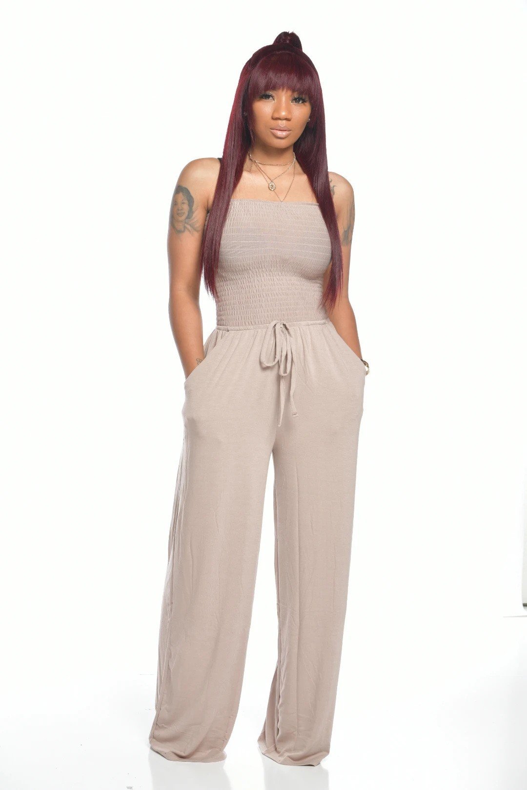 Last Day Promotion 49% OFF💖Off Shoulder Solid Colour Smocked Jumpsuit