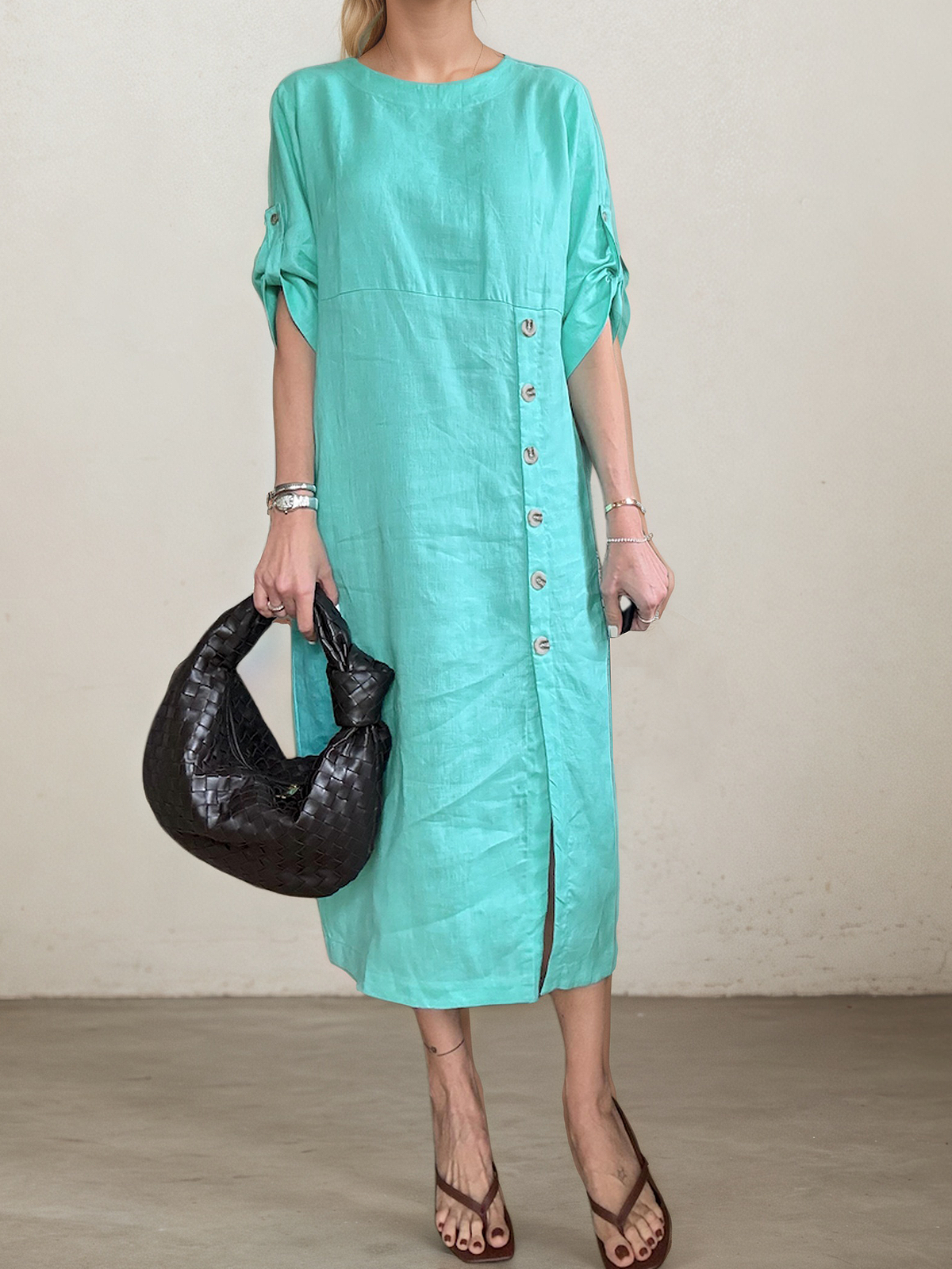 Linen Crew Neck Plain Short Sleeve Midi Dress