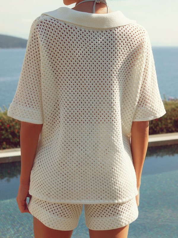 Casual Open Knit V Neck Polo Two Piece Set