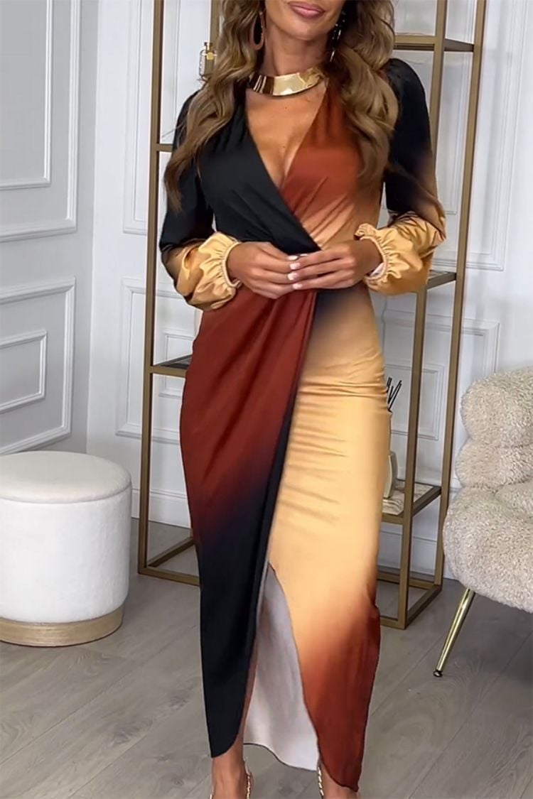 V-neck Long Sleeve Gradient Print Dress (Buy 2 Free Shipping)
