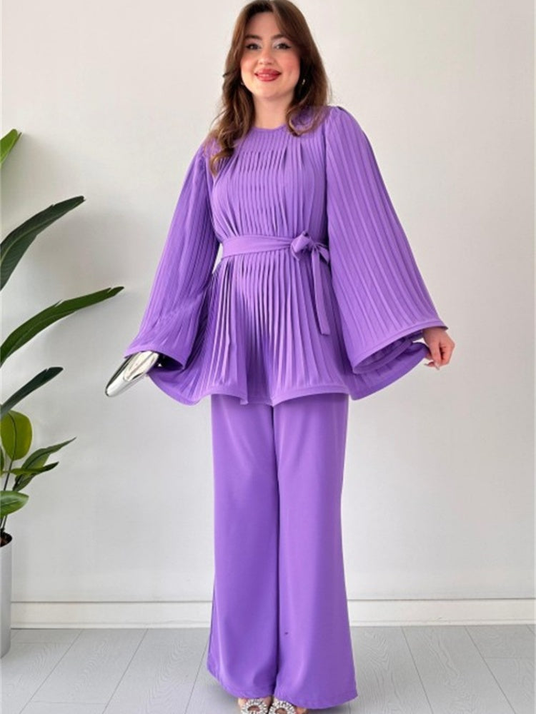 Pleated Bell Sleeve Top and Wide-Leg Pants Two Piece Set (Buy 2 Free Shipping)