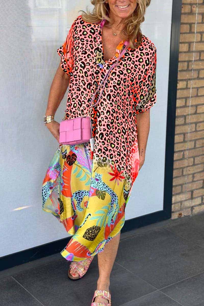 Colorblock Leopard Graffiti Print Oversized Shirt Dress (Buy 2 Free Shipping)
