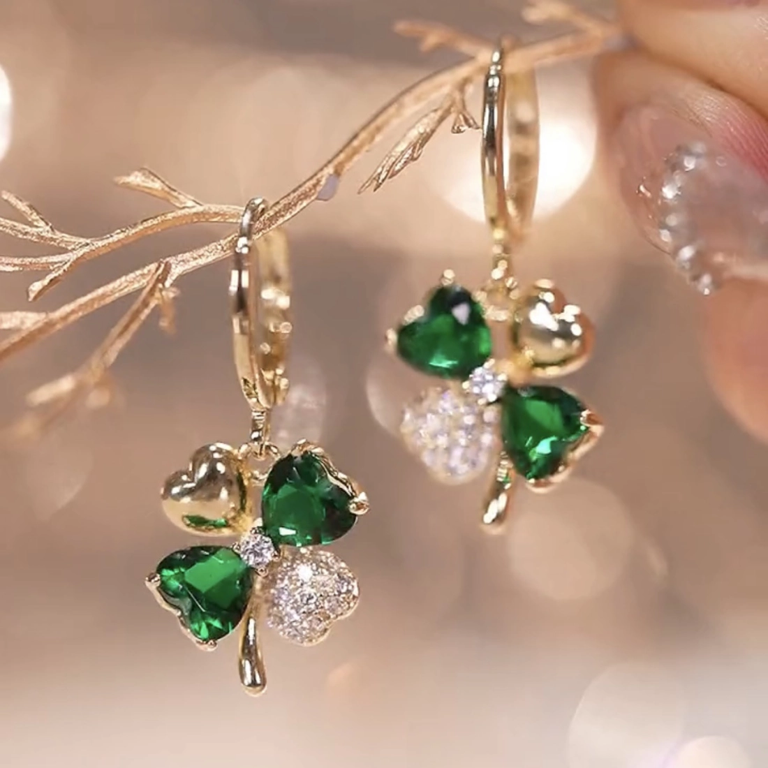 Gold-Plated Green Crystal Clover Earrings with Zircon Accents