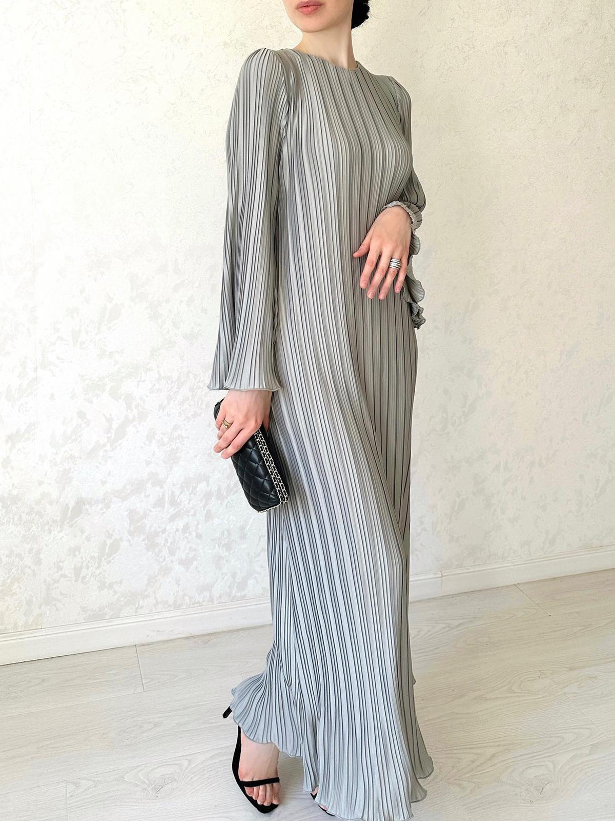 Women's Fall Maxi Dress Chic Pleated Bell Bottom Sleeve Midi Dress