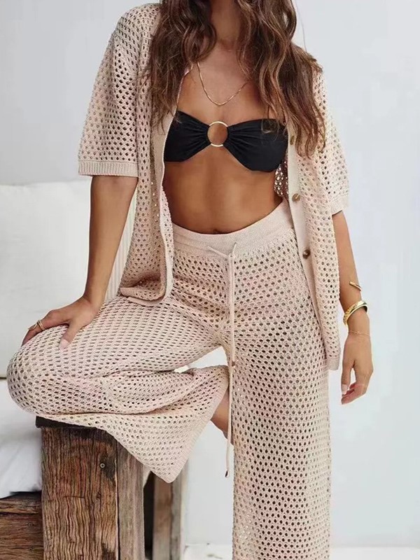 Breezy Crochet Button Front Wide Leg Pants Two Piece Set
