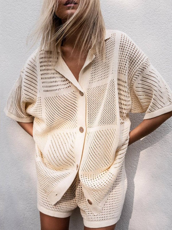 Relaxed Open Knit Longline Button Front Two Piece Set