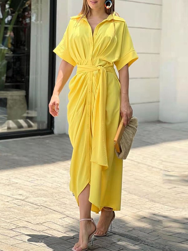 Printed Button-Down Maxi Dress with Waist Tie