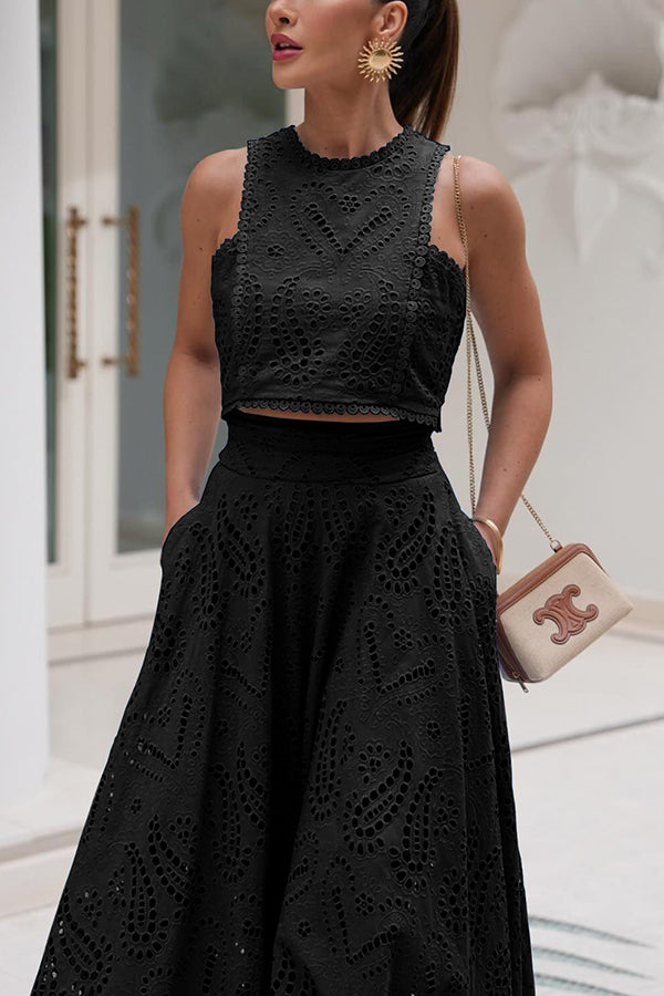 Paris Dreaming Embroidered Lace High Rise Pocketed Maxi Skirt and Crop Tank Top(Buy 2 Free Shipping)
