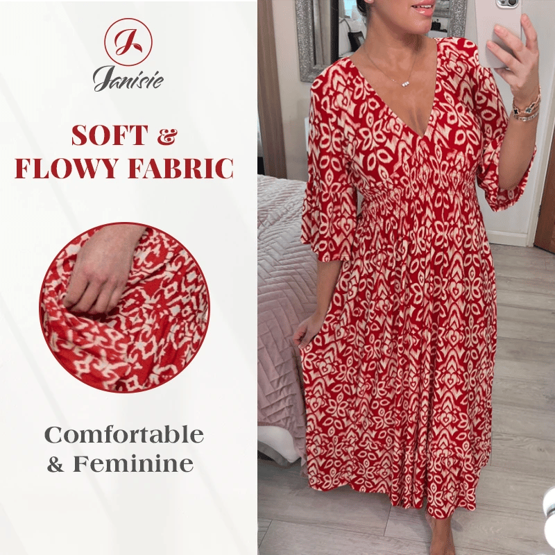 Last Day Promotion❤️Bohemian Casual Print V-neck Shirred Dress(Buy 2 Free Shipping)