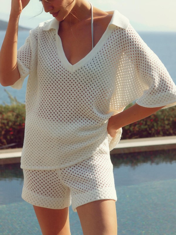 Casual Open Knit V Neck Polo Two Piece Set