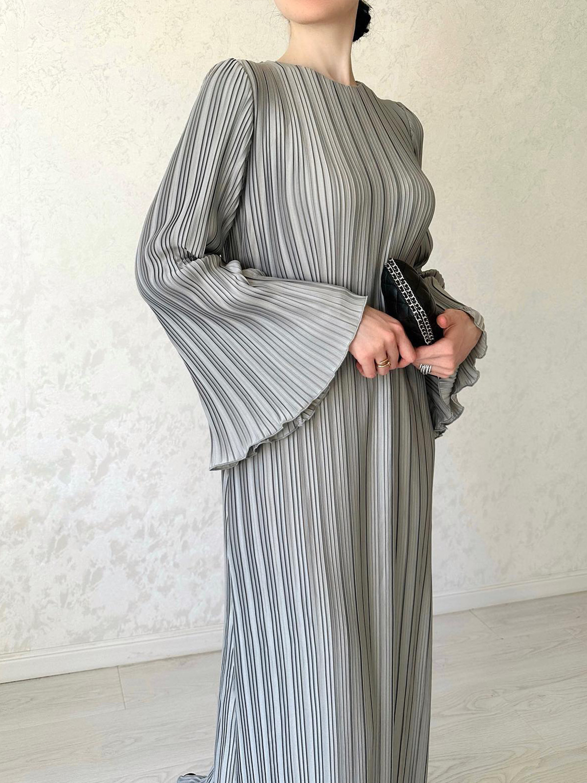 Women's Fall Maxi Dress Chic Pleated Bell Bottom Sleeve Midi Dress