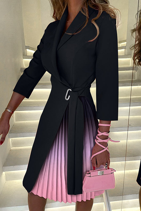 Chic Contrast Pleated Dress with Tie Waist (Buy 2 Free Shipping)