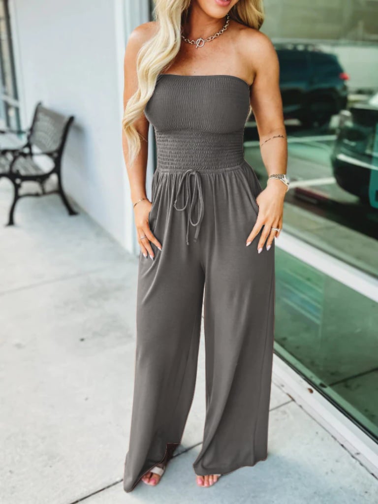 Last Day Promotion 49% OFF💖Off Shoulder Solid Colour Smocked Jumpsuit