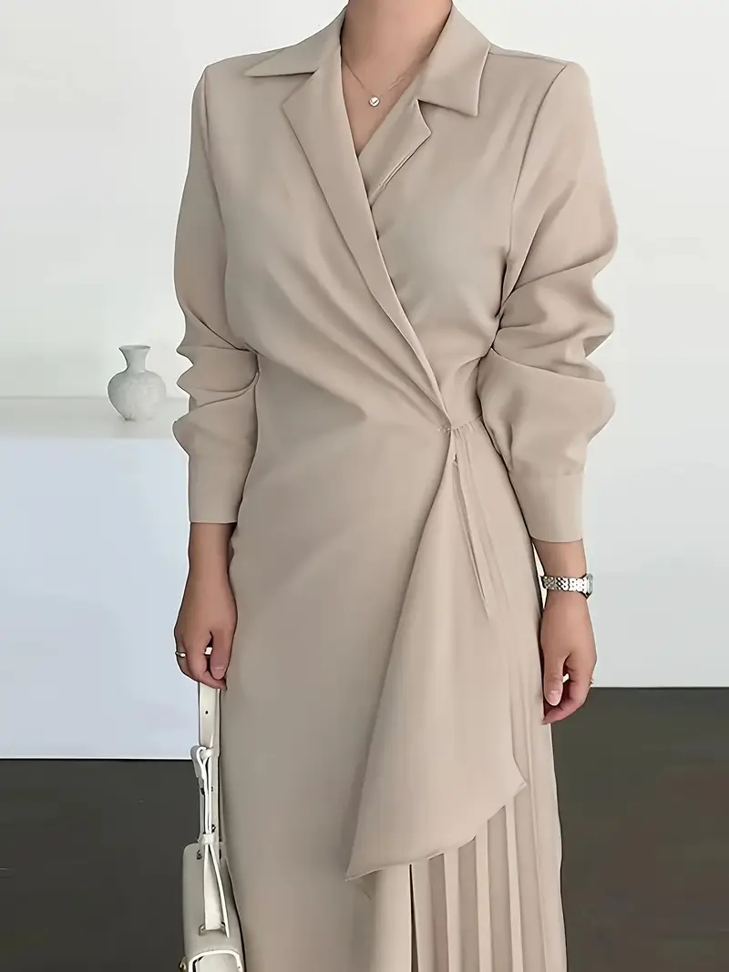 Elegant Shirt Collar Draped Waist Pleated Hem Maxi Dress (Buy 2 Free Shipping)