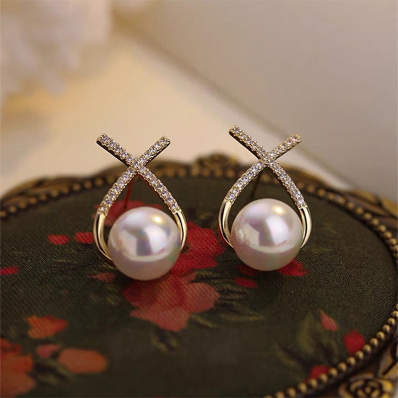 Elegant Cross Zircon Pearl Earrings