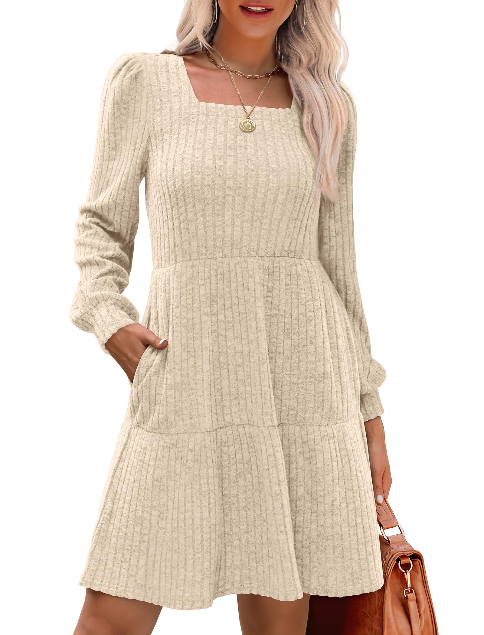 Limited time sale🔥Women's Square Neck Lantern Sleeve Ribbed Dress(Buy 2 Free Shipping)